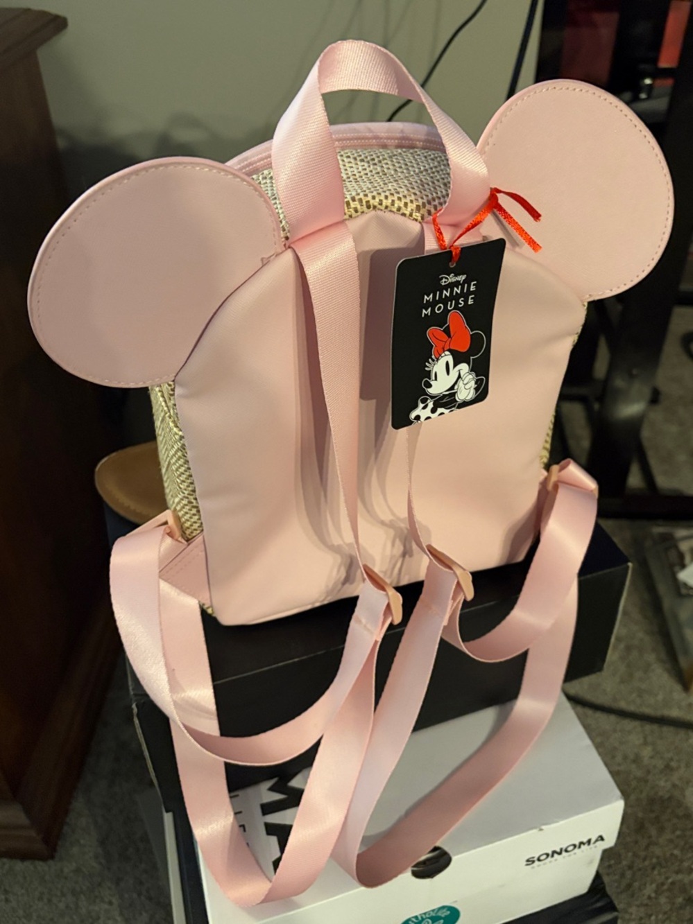Disney Pink-Trim Straw Kids Backpack with Floral Ears and Bow - Picture 3 of 4